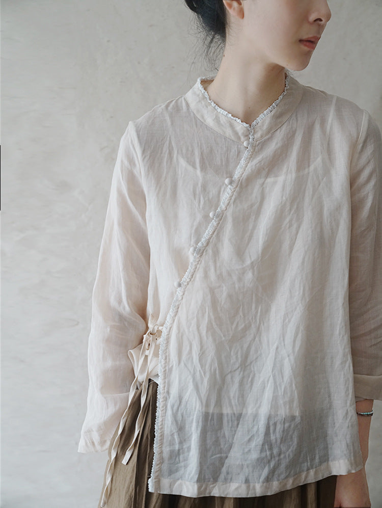 ◇控えめなフリルネックで品のあるシックなアジアンスタイル◇ラップラミーシャツ◇