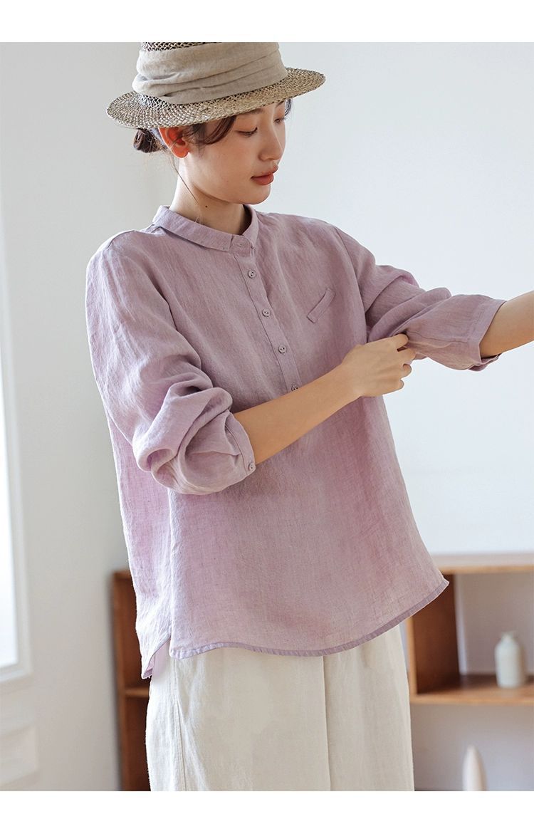 小ぶりな襟が可愛い◇リネンシャンブレープルオーバーシャツ◇