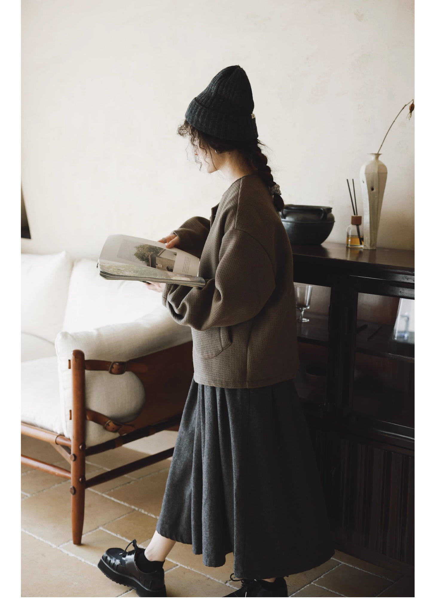 ◇秋冬に大活躍◇ウール混ワッフル生地が素敵◇ノーカラージャケット◇
