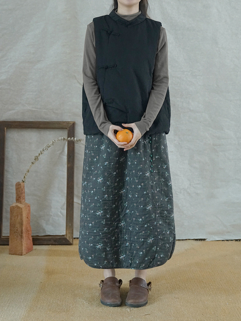 2色展開◇小花柄が可愛い◇ボタン装飾がポイントに◇秋冬用 ダブルフェイスコットン 中綿入り スカート◇