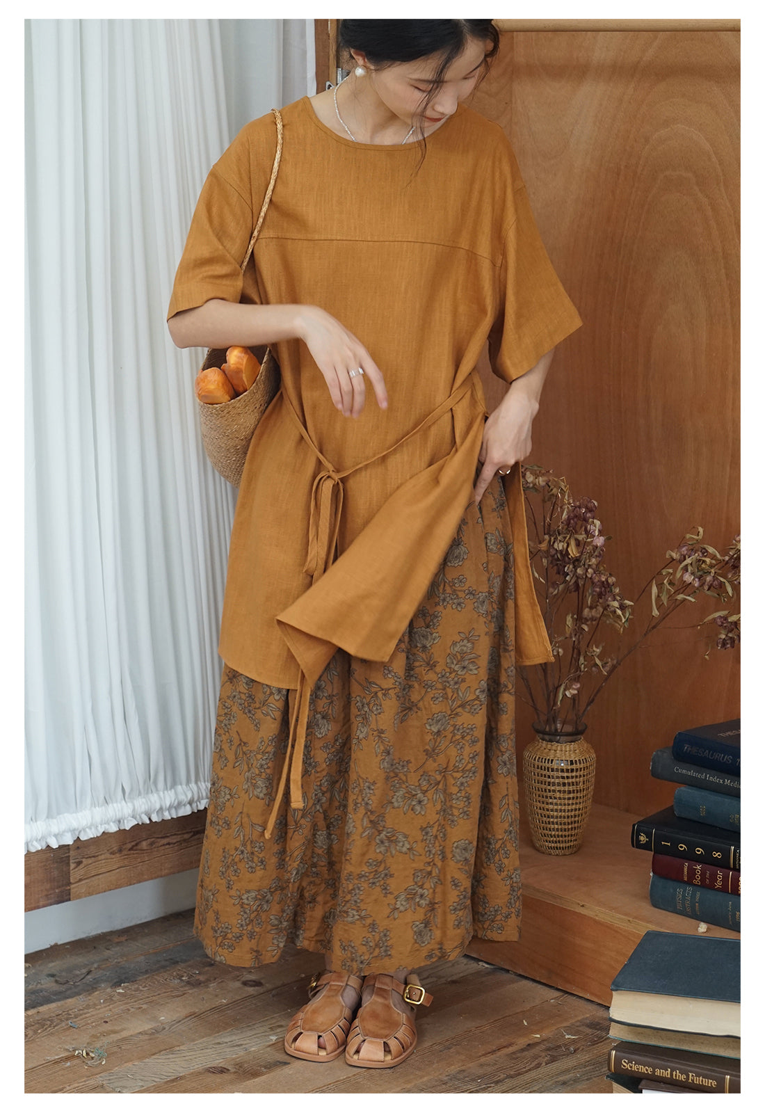 ◇ゆったりシルエット リネンコットン ワンピース◇ オレンジ