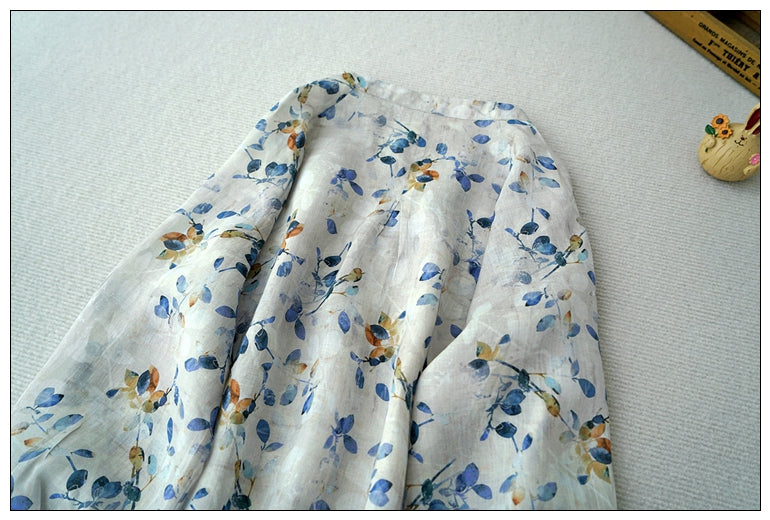 絶妙な色味のボタニックプリント◇ラミー ゆったりバンドカラーシャツ ブラウス ◇