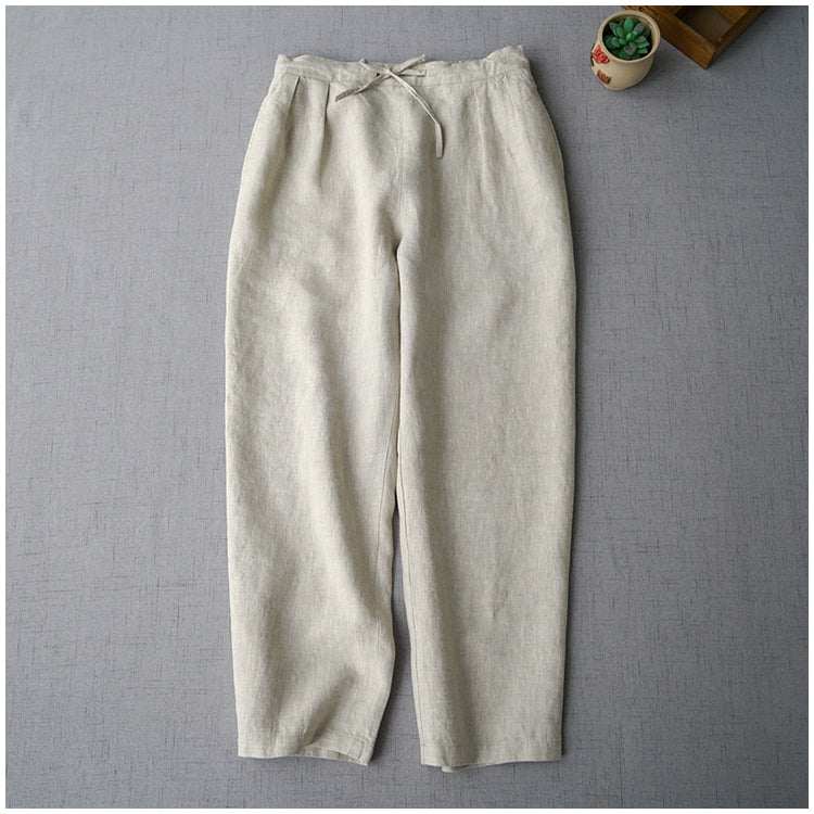 ◇4色展開◇100%リネン 8部丈 2タック イージーテーパードパンツ◇