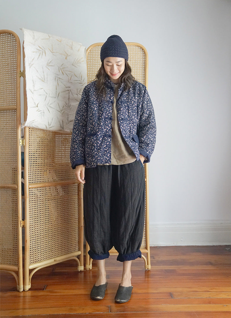 2色展開◇裏地&切替え◇程良いバルーンシルエット◇リネン9部丈 中綿イージーパンツ◇