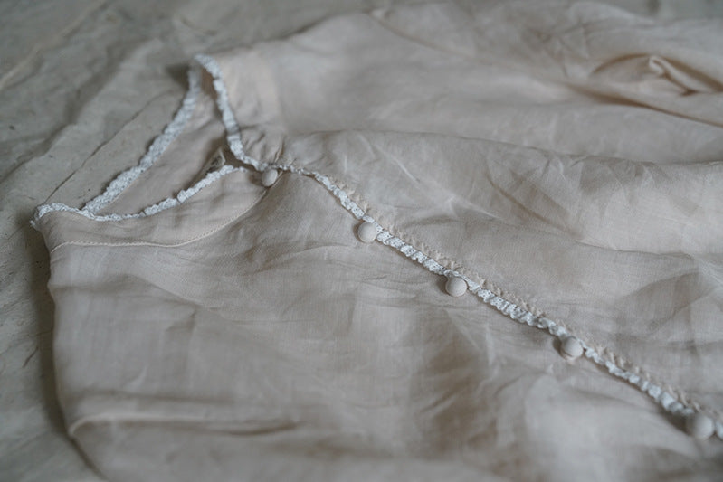 ◇控えめなフリルネックで品のあるシックなアジアンスタイル◇ラップラミーシャツ◇