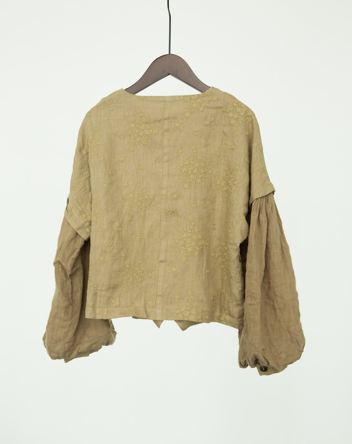 3色展開△ボタニック同色刺繍がエレガント▽リネンノーカラードロップショルダージャケット△裏地付き