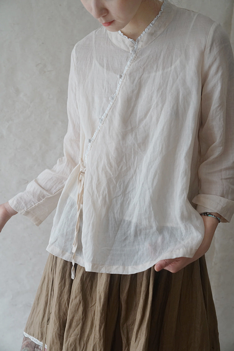 ◇控えめなフリルネックで品のあるシックなアジアンスタイル◇ラップラミーシャツ◇