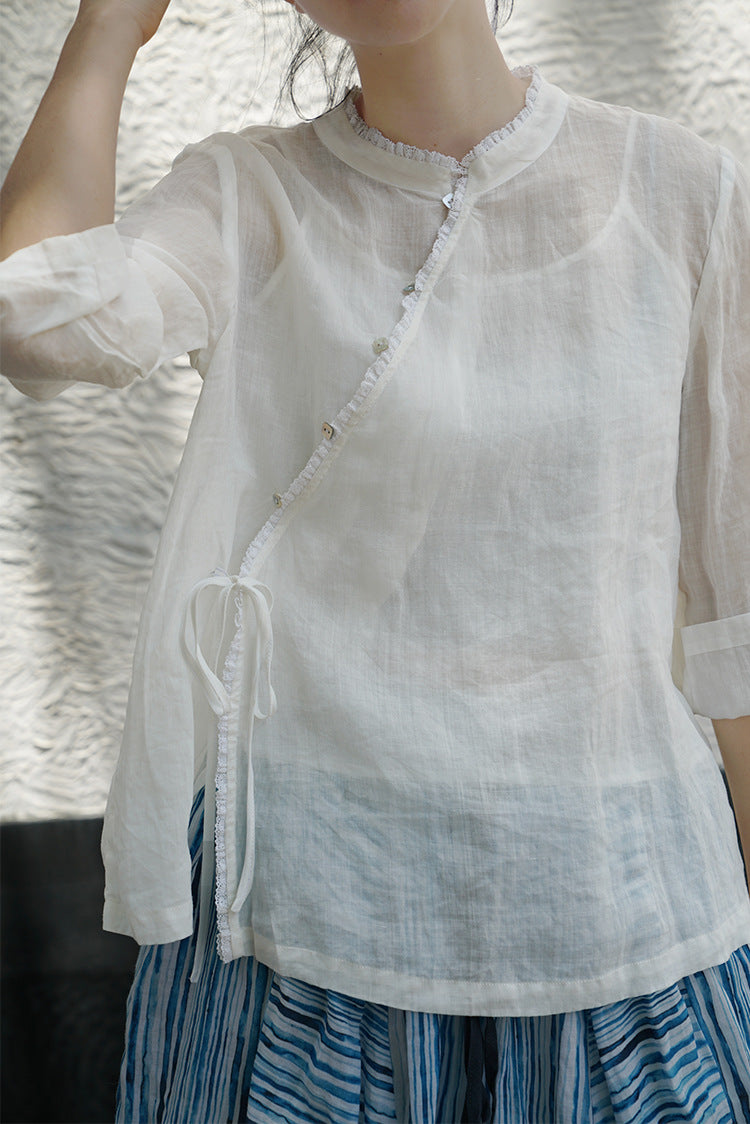 ◇控えめなフリルネックで品のあるシックなアジアンスタイル◇ラップラミーシャツ◇