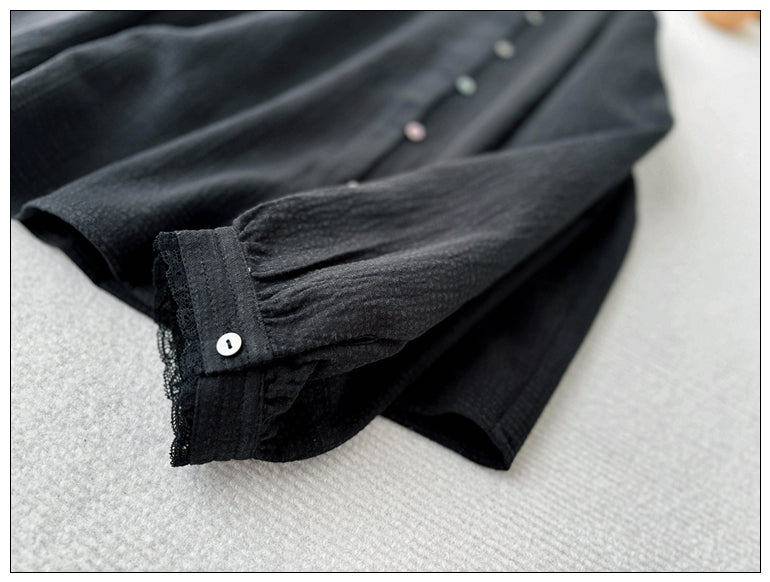 3色展開◇控えめなフリルネックで品のあるデザイン◇ラミーコットンシャツ◇