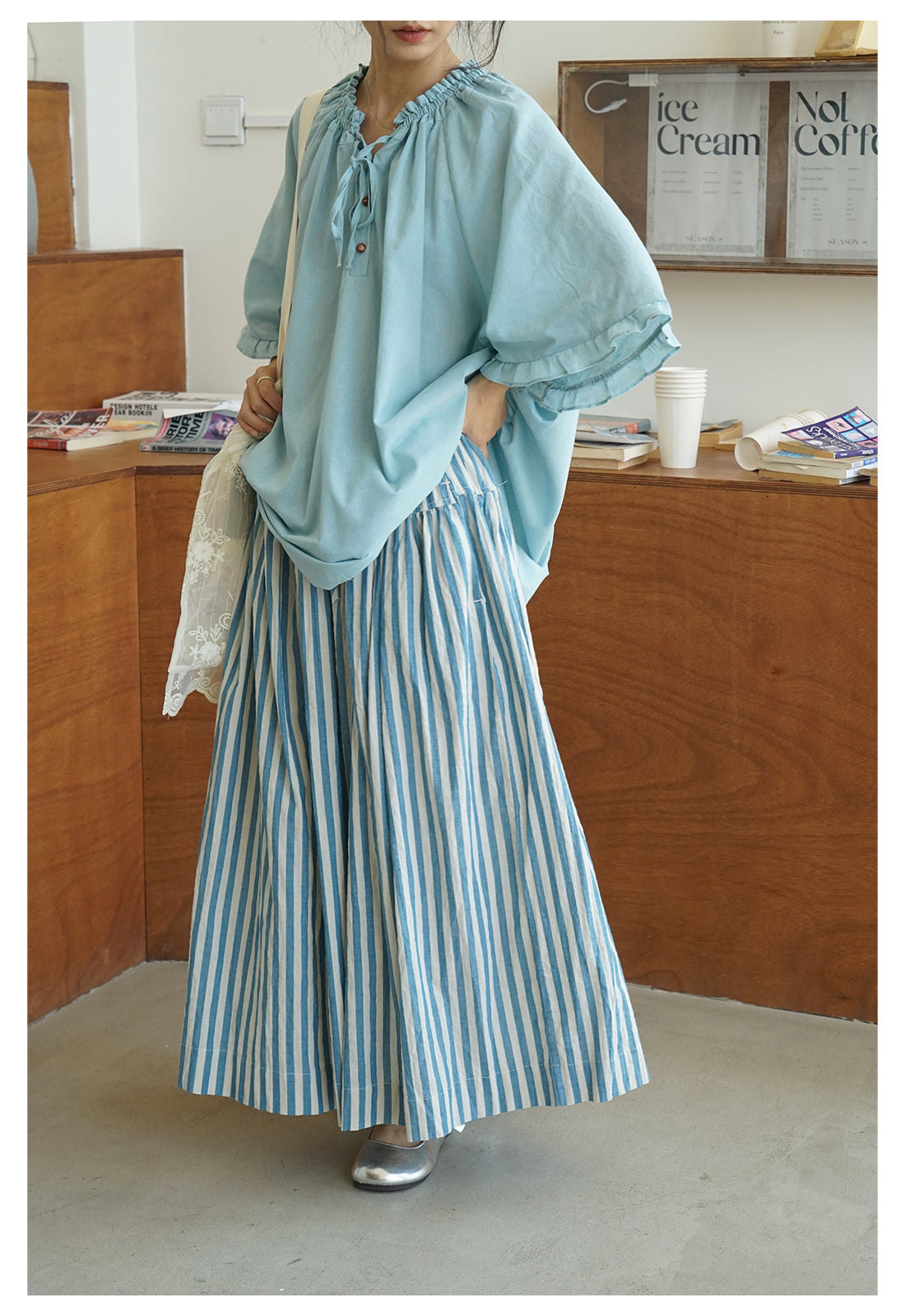 2色展開◇コットン ストライプ イージーロングスカート◇