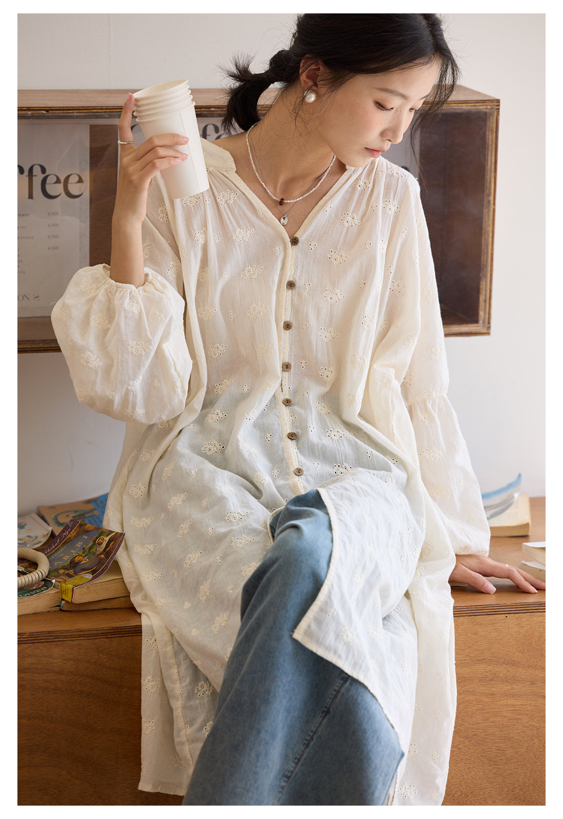 ◇アンティークフレンチ調刺繍ゆったりシルエット ドロップショルダー前開き開き ワンピース◇