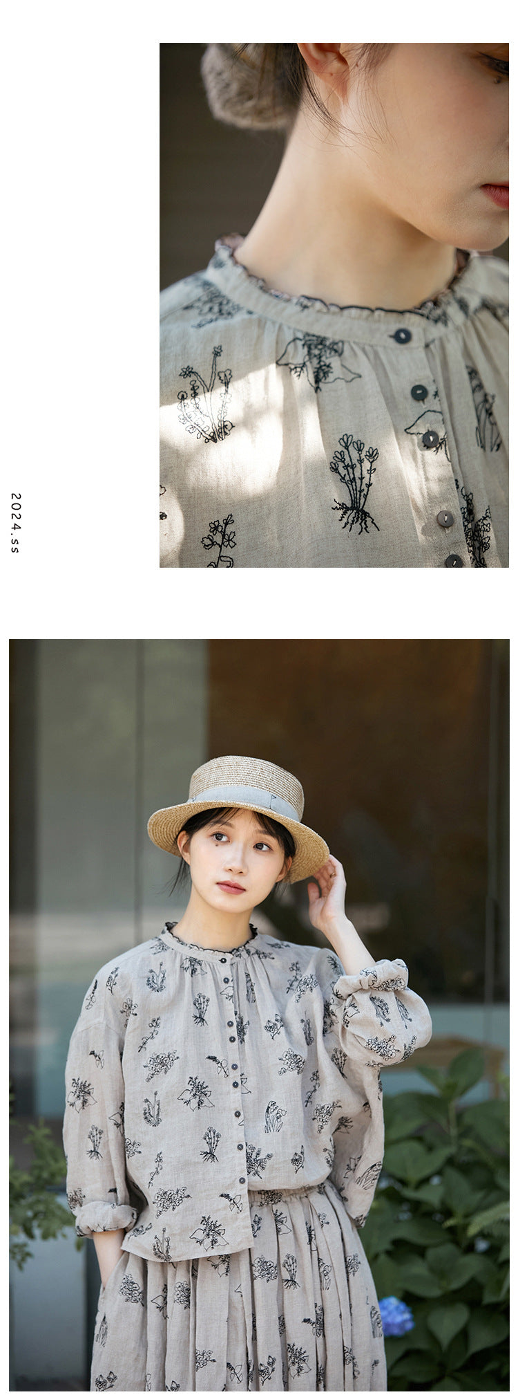 ◇リネン刺繍 ドロップショルダー フリルネックシャツ◇