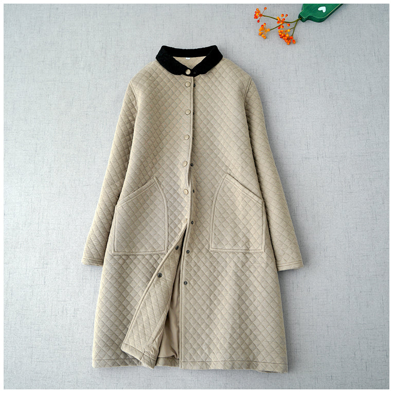 3色展開◇秋冬に大活躍◇レースカラー ドロップショルダー キルティングコットン中綿 ロングコート◇