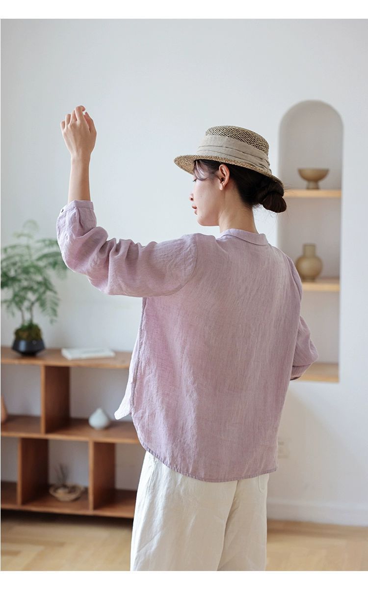小ぶりな襟が可愛い◇リネンシャンブレープルオーバーシャツ◇