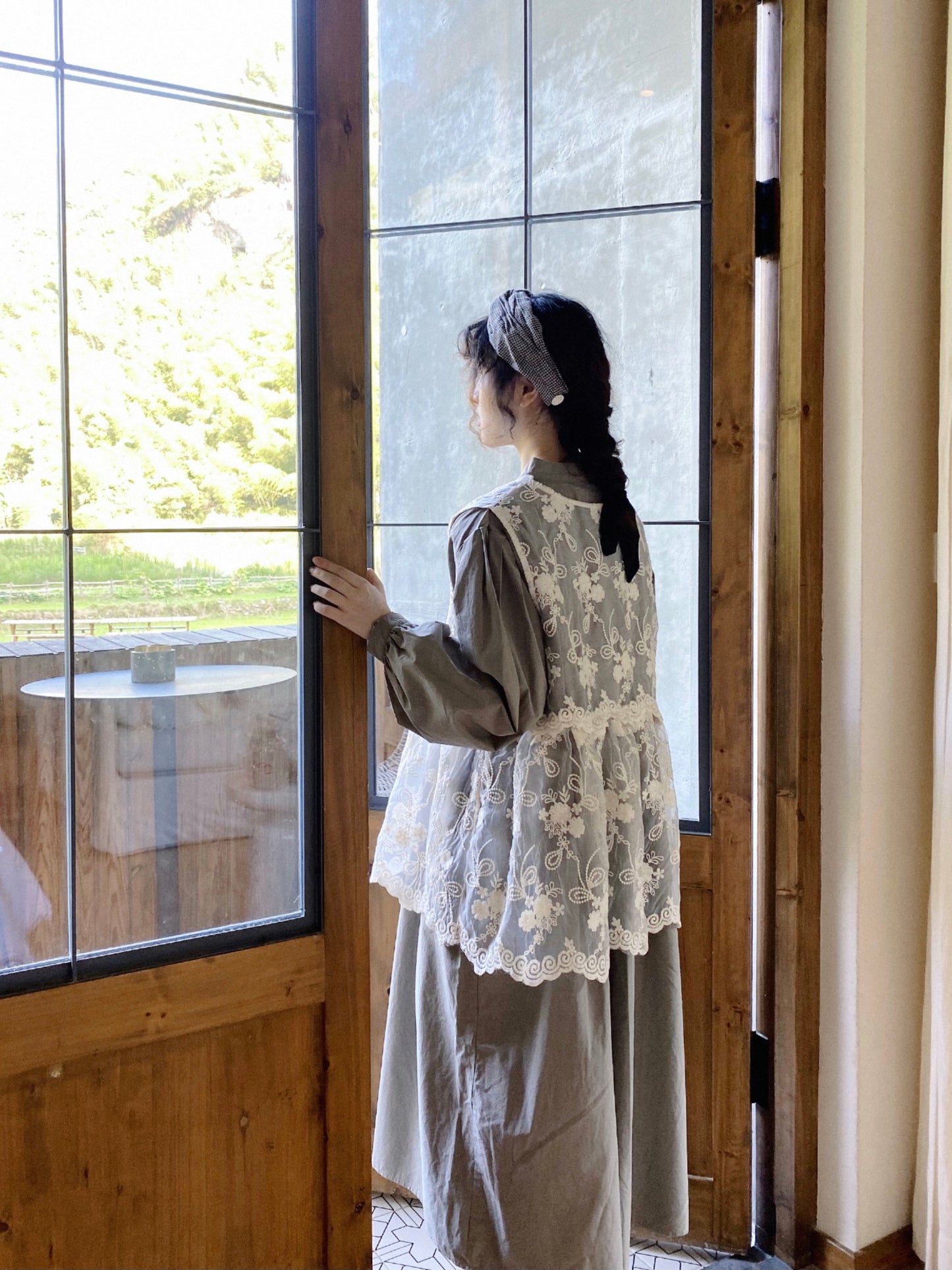 美しいタックデザイン△タイプライターコットン アンティークデザイン ロングスモック ワンピース△