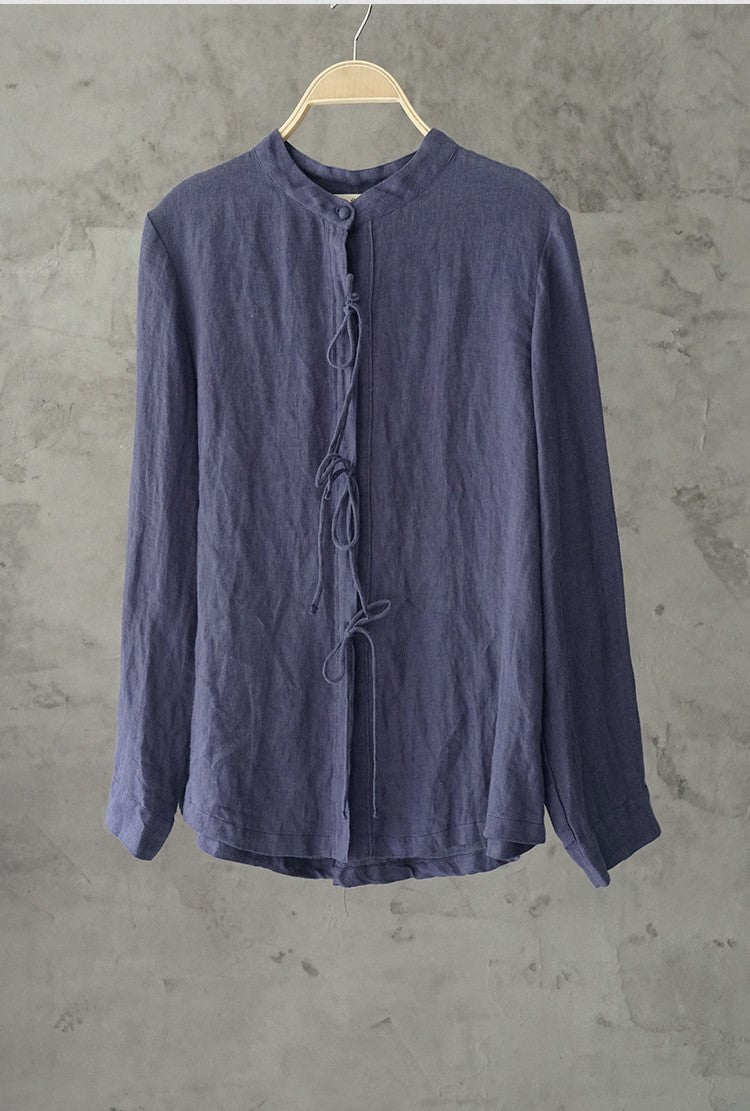△リネン スタンドカラー ストリングス シャツ▽