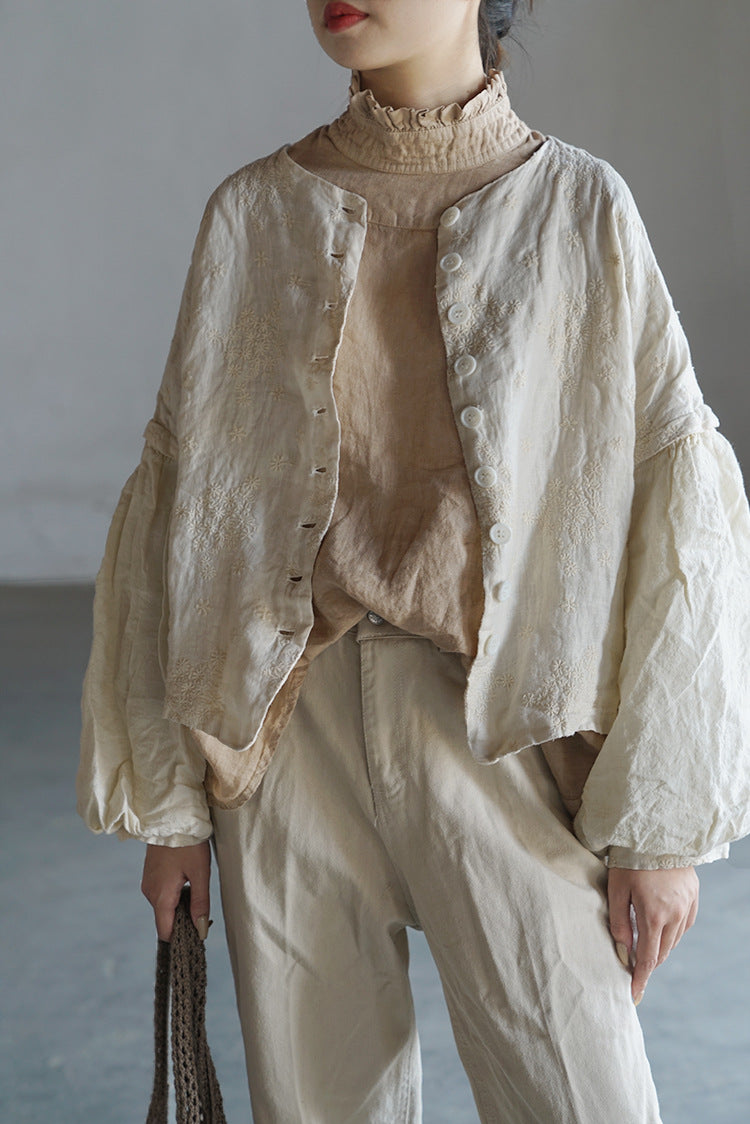 3色展開△ボタニック同色刺繍がエレガント▽リネンノーカラードロップショルダージャケット△裏地付き