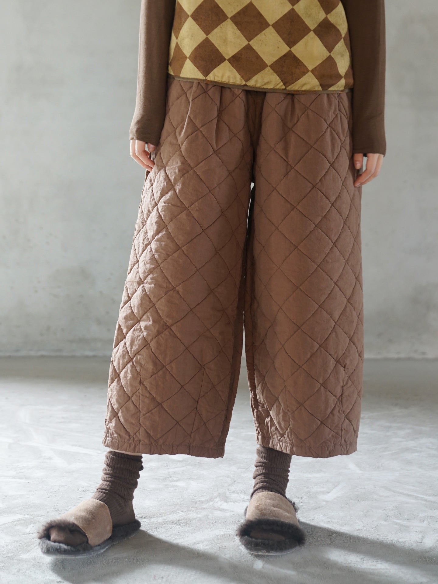 2色展開◇程良いワイドシルエット◇9部丈 中綿イージーパンツ◇