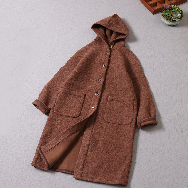 4色展開△ダブルフェイスウール ゆったりドロップショルダー フーディー ロングコート△