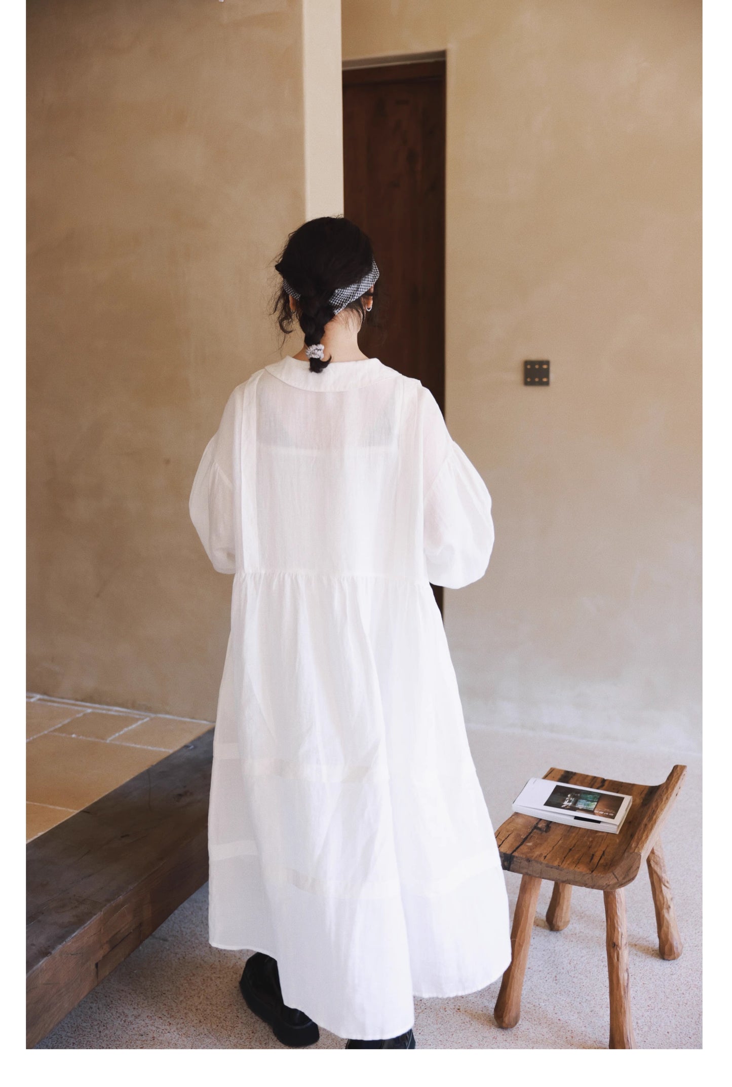 ピンタックとレースの切り替えが美しい△リネンギャザー アンティークデザイン ロングワンピース△