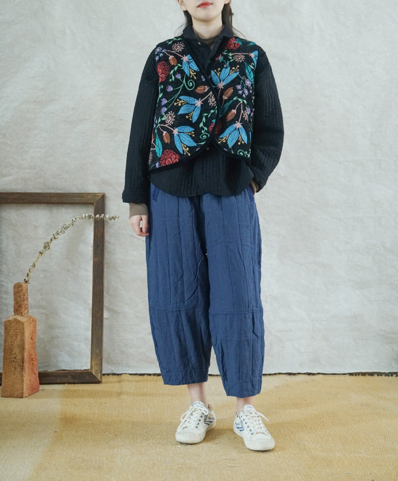 2色展開◇裏地&切替え◇程良いバルーンシルエット◇リネン9部丈 中綿イージーパンツ◇
