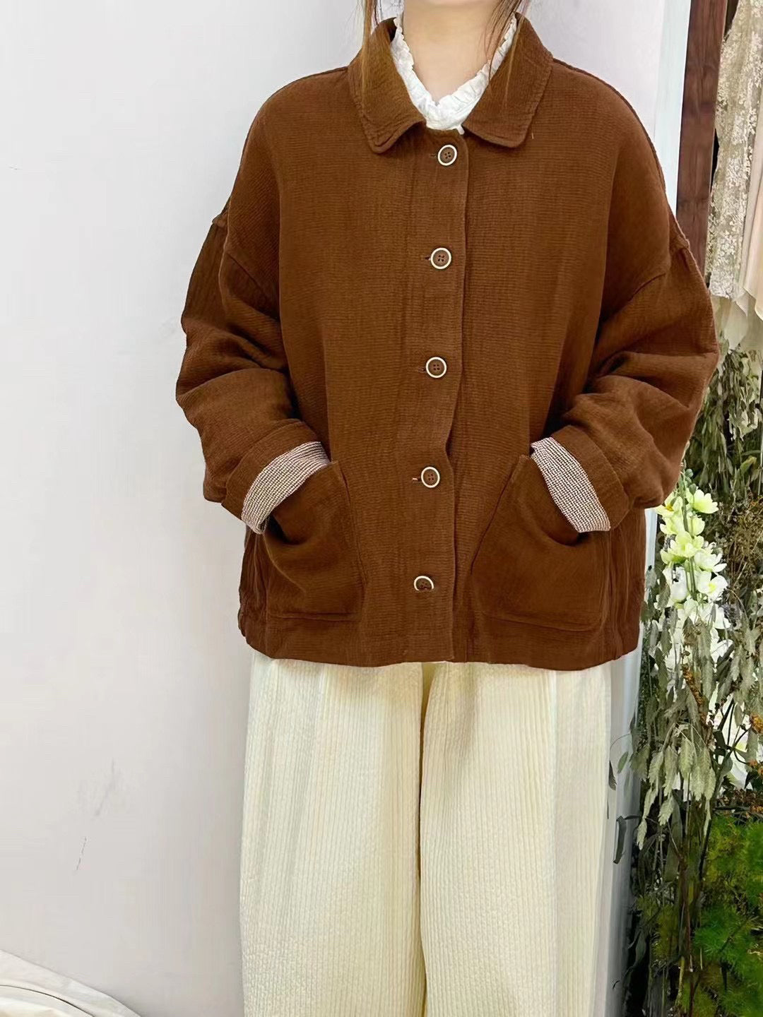 2色展開◇ドロップショルダー リネン ショートジャケット◇ 裏地付き