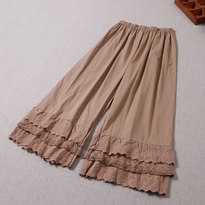 ☆6色展開☆裾レース切り替え コットン9部丈イージーギャザーパンツ☆