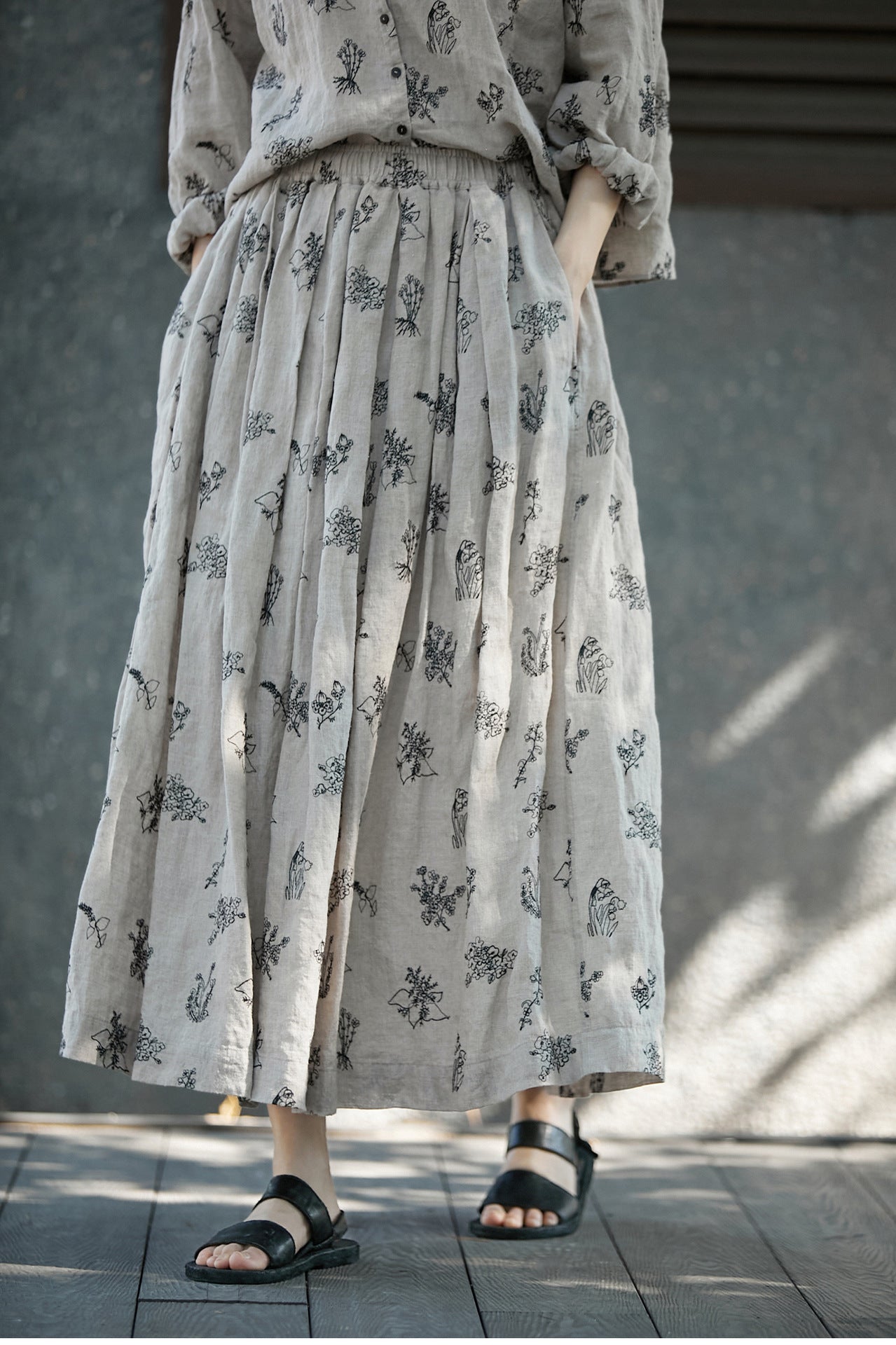 ◇リネン刺繍ギャザーイージースカート◇