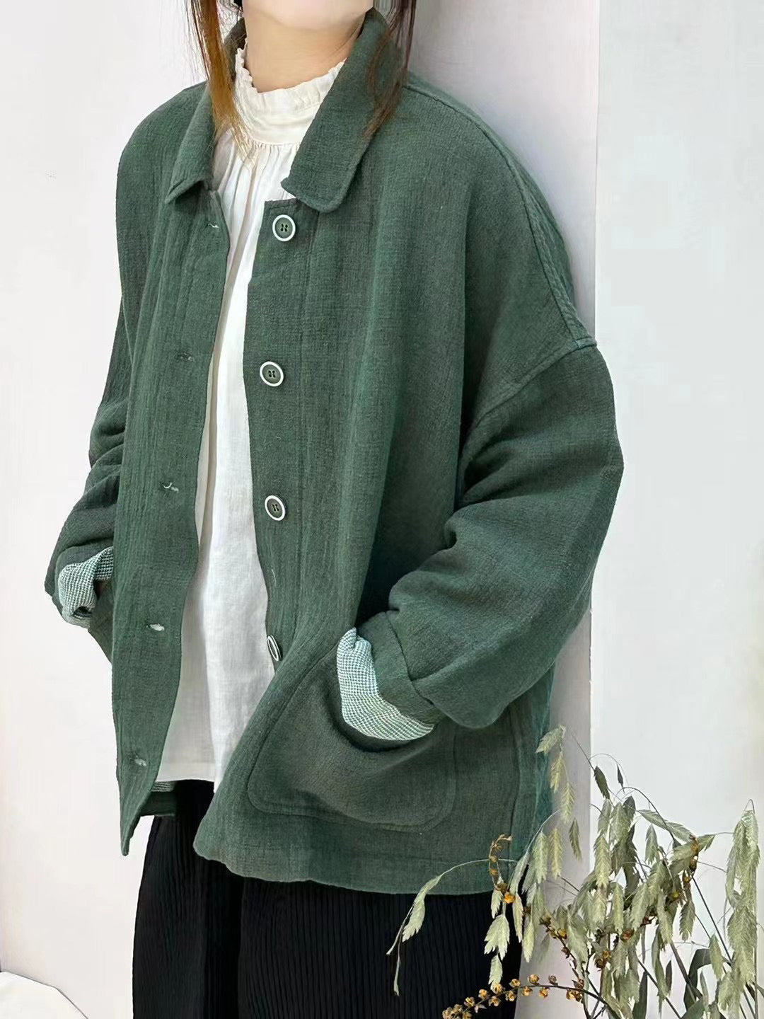 2色展開◇ドロップショルダー リネン ショートジャケット◇ 裏地付き