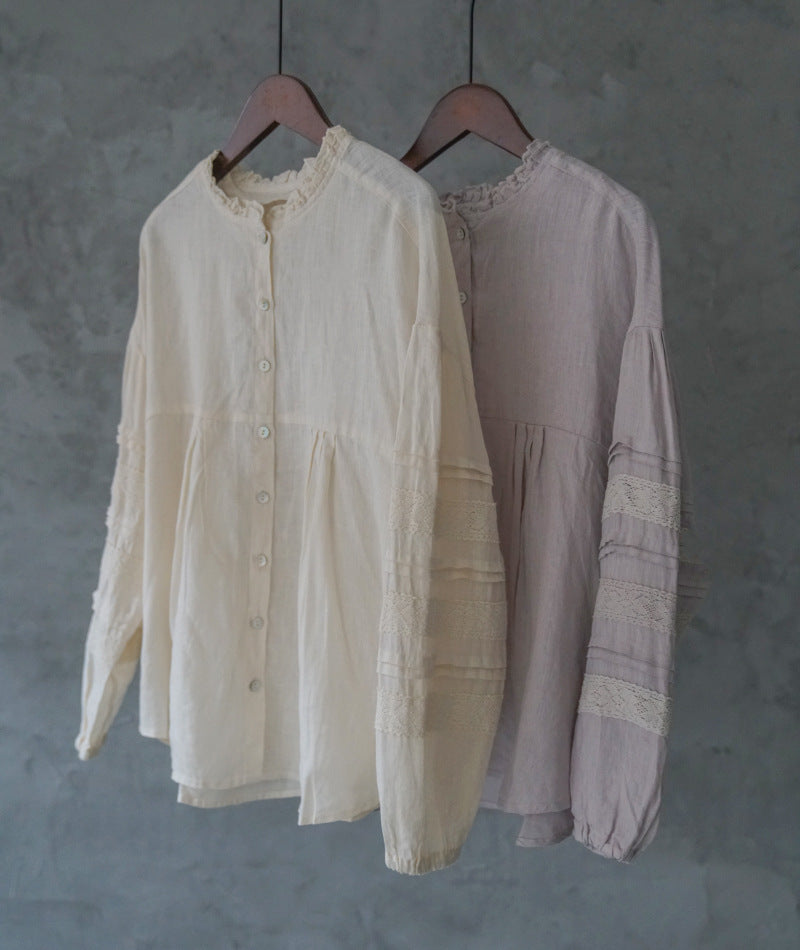 ✩2色展開✩レース&フリル使いがポイント✩リネンシャツ✩