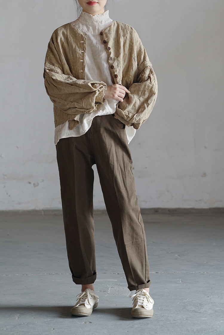 3色展開△ボタニック同色刺繍がエレガント▽リネンノーカラードロップショルダージャケット△裏地付き