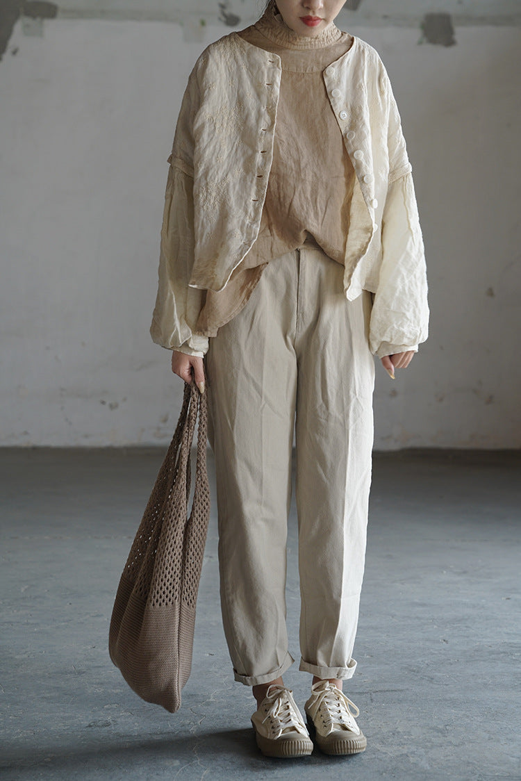 3色展開△ボタニック同色刺繍がエレガント▽リネンノーカラードロップショルダージャケット△裏地付き