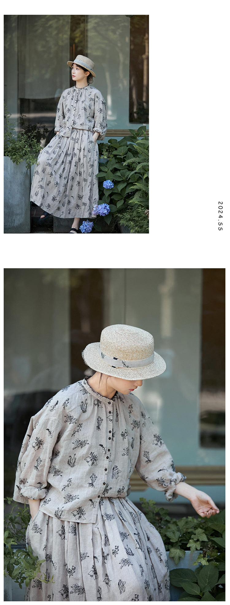 ◇リネン刺繍 ドロップショルダー フリルネックシャツ◇