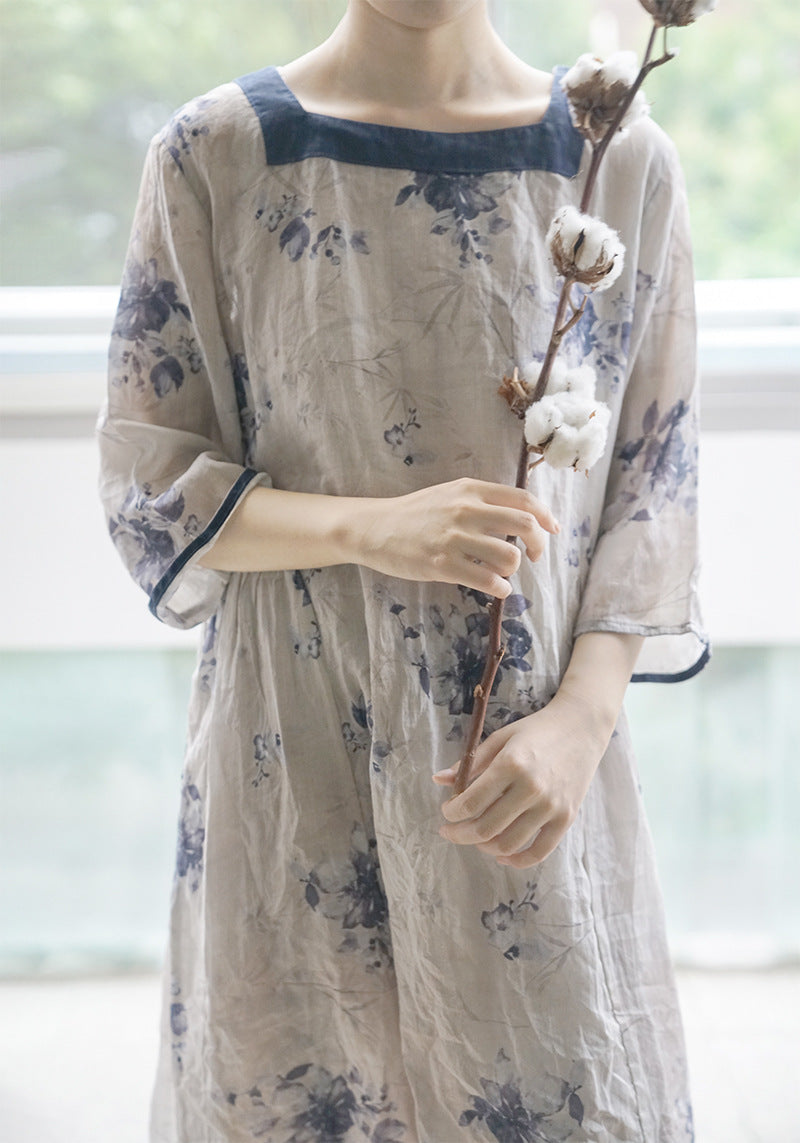 △夏らしい涼しげな花柄プリント スクエアネックが上品 ハーフスリーブ ロングワンピース▽