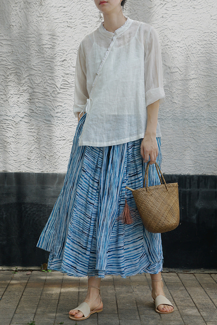 ◇控えめなフリルネックで品のあるシックなアジアンスタイル◇ラップラミーシャツ◇