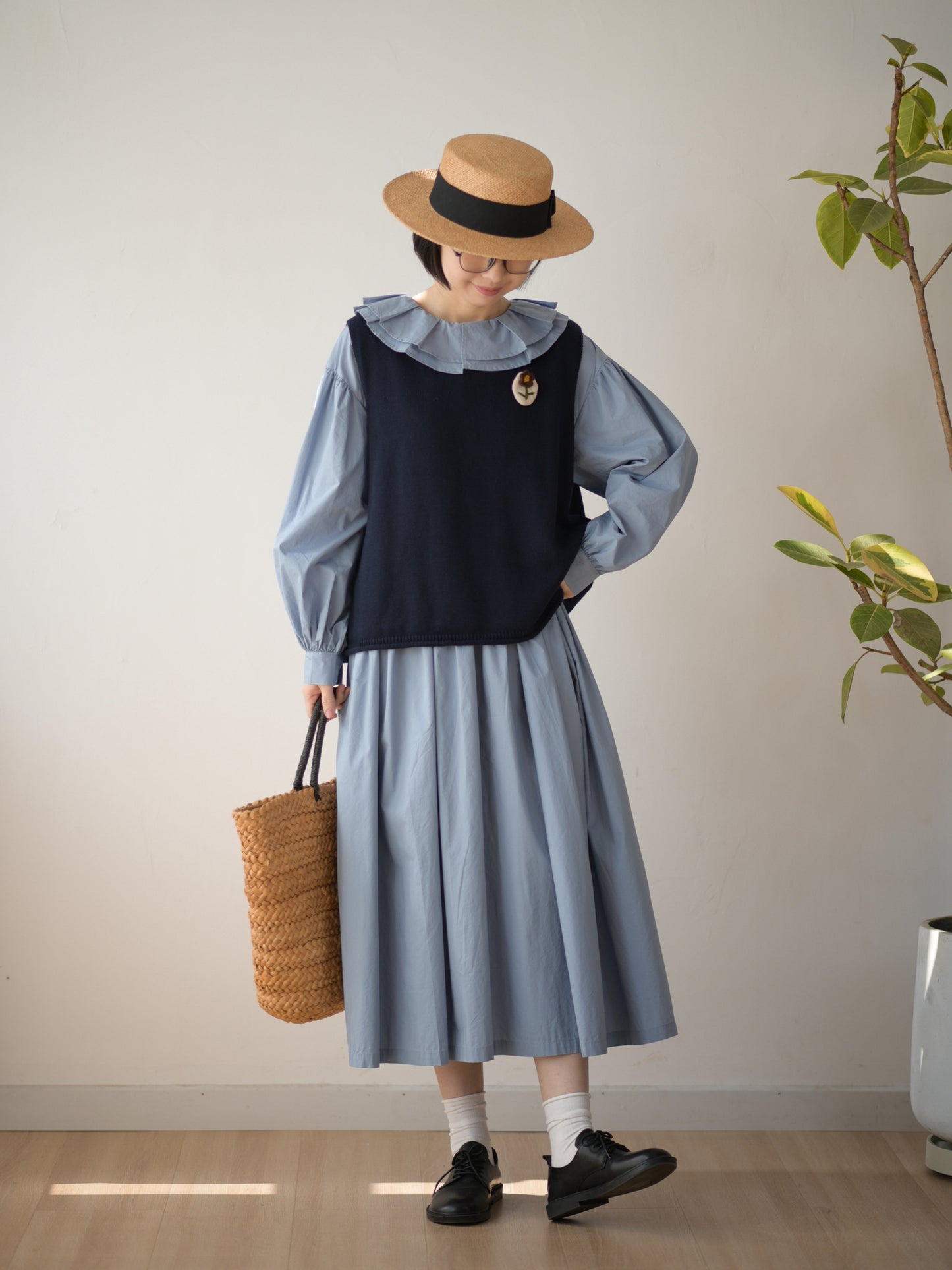 2色展開◇フリルカラー タイプライターコットン ギャザーワンピース◇