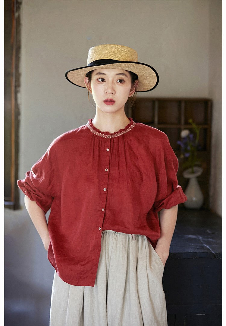 ◇刺繍リネンギャザー シャツ◇