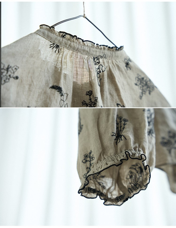 ◇リネン刺繍 ドロップショルダー フリルネックシャツ◇