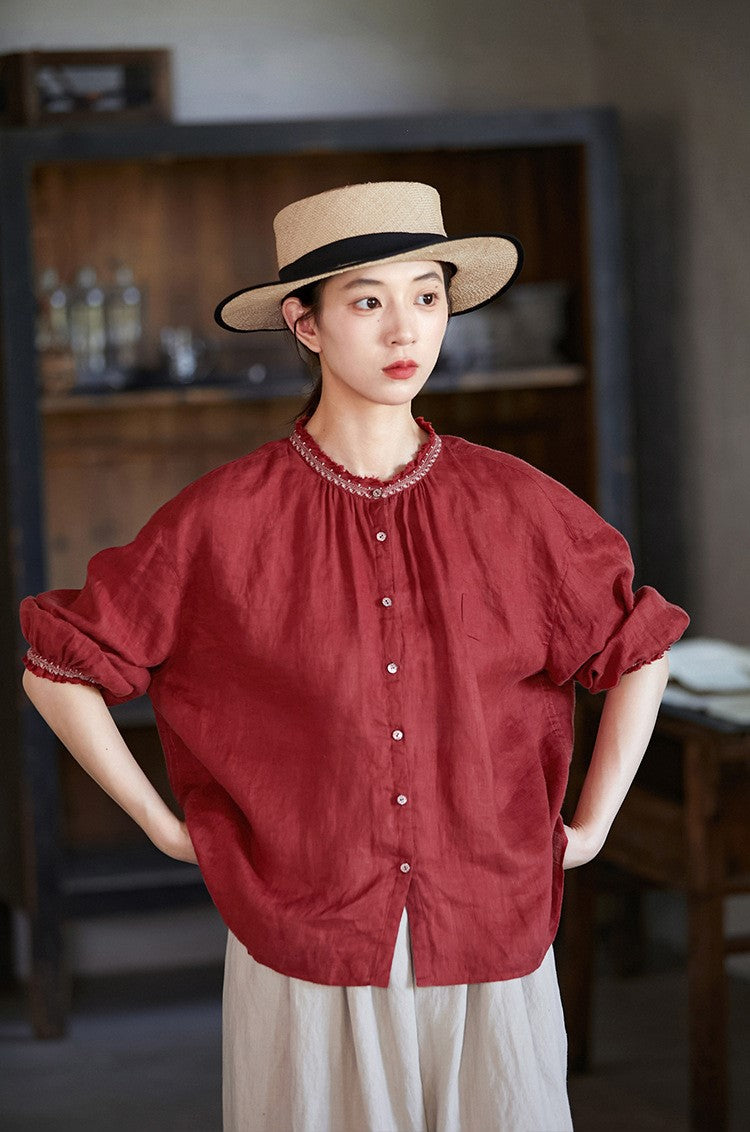 ◇刺繍リネンギャザー シャツ◇
