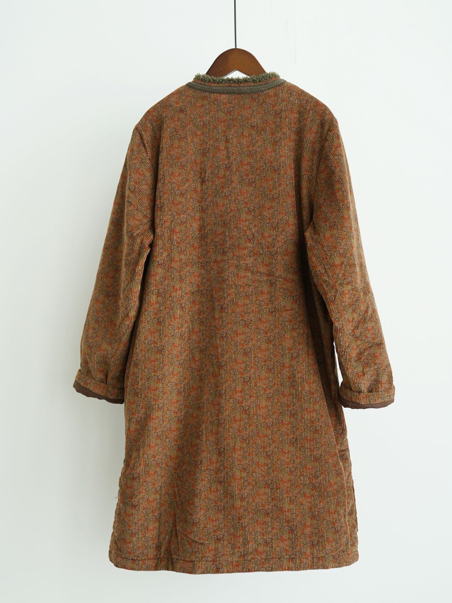 小ぶりなフラワープリントが可愛い◇中綿コーデュロイ ボア装飾 オリエンタルコート◇