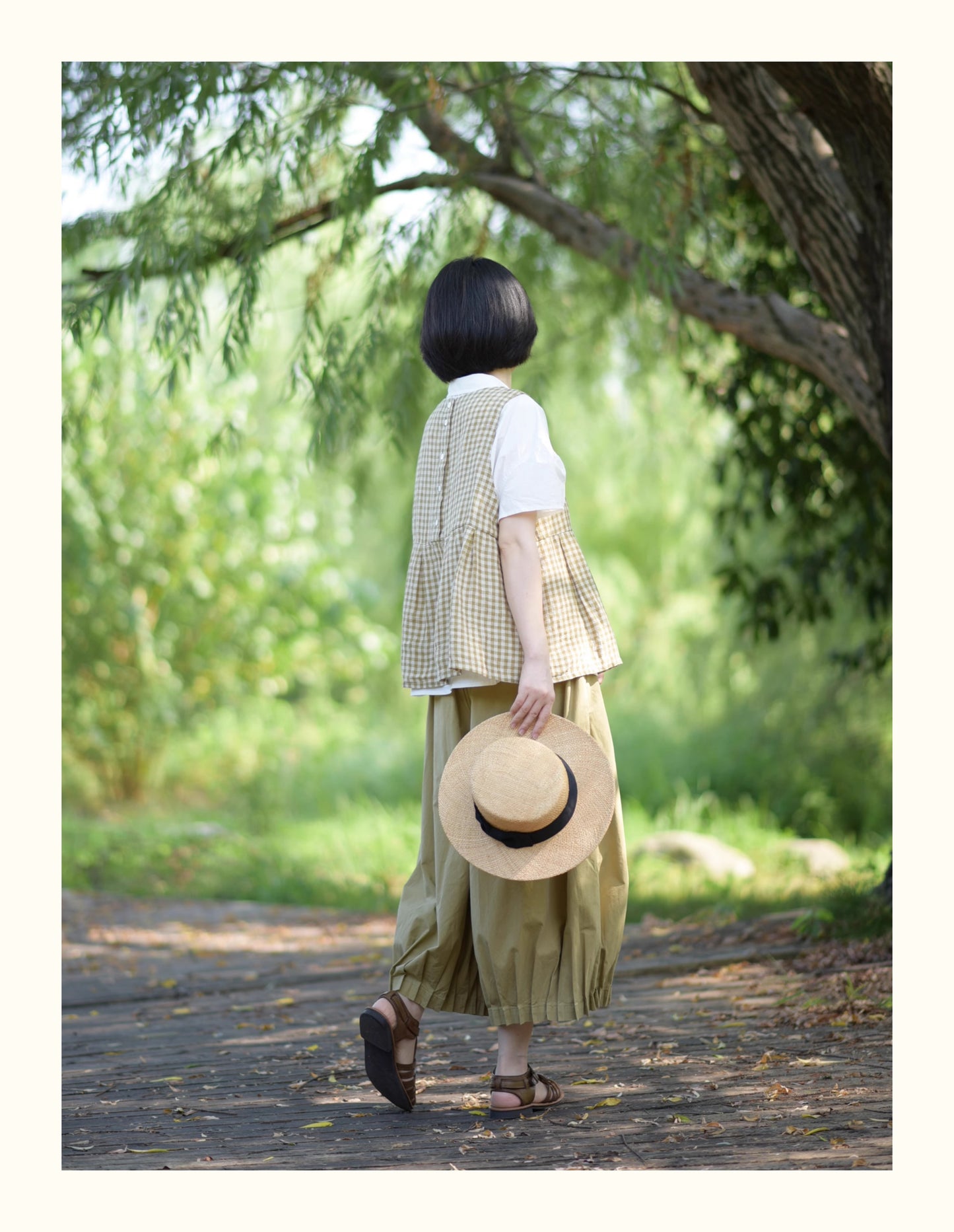 △9部丈 高密度コットン イージー 裾タック パンツ▽マスタード