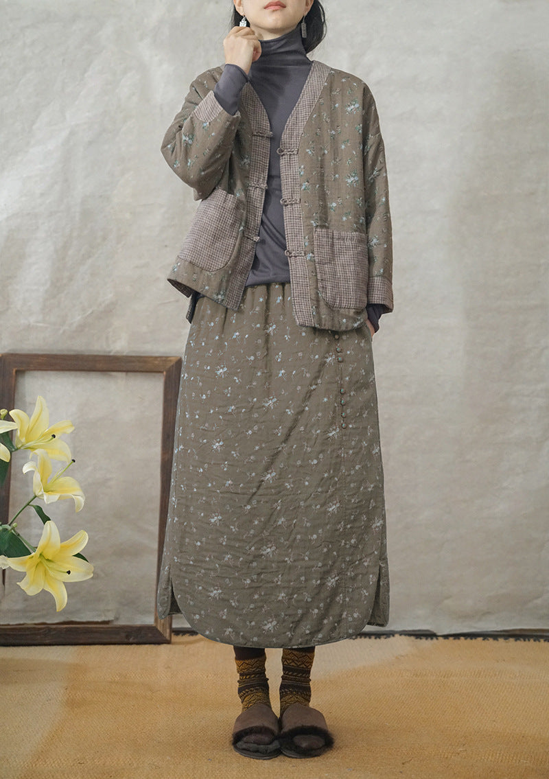 2色展開◇小花柄が可愛い◇ボタン装飾がポイントに◇秋冬用 ダブルフェイスコットン 中綿入り スカート◇