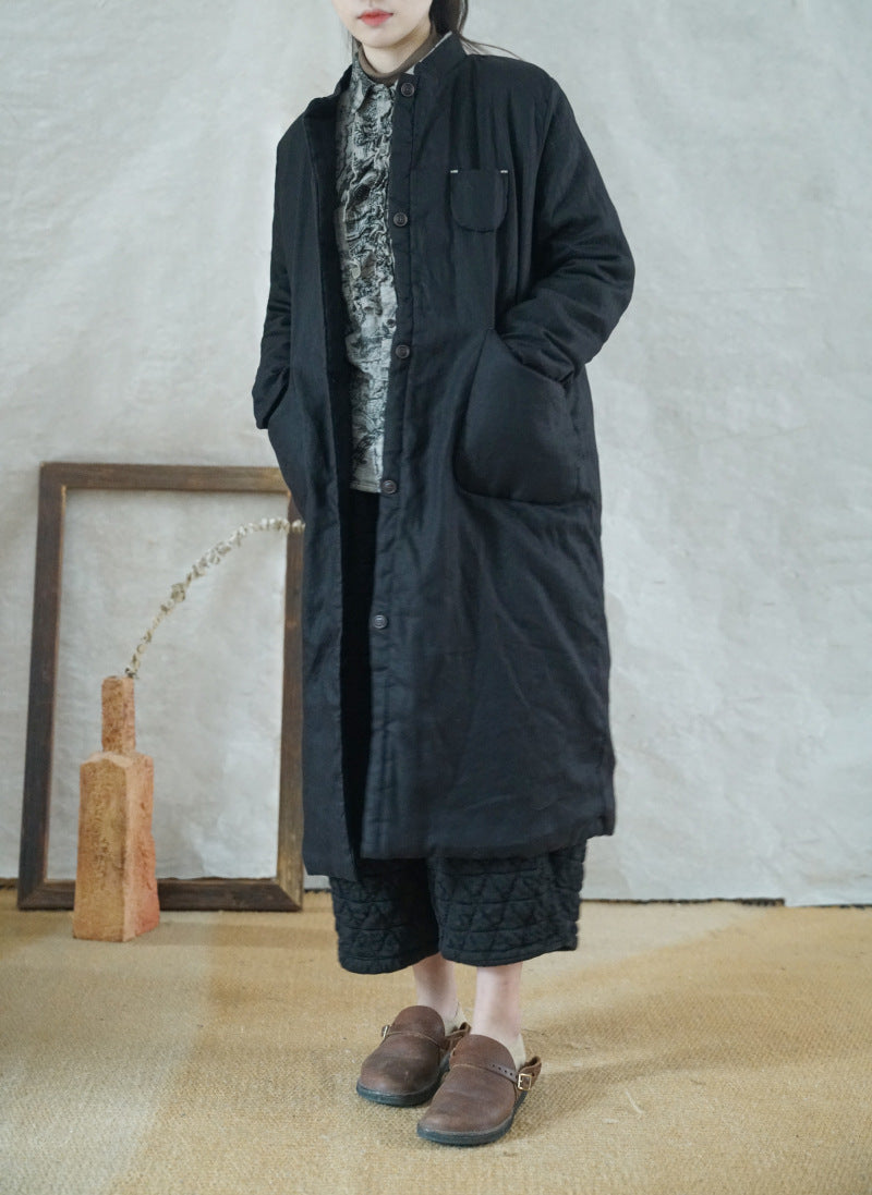 3色展開◇秋冬に大活躍◇スタンドカラー リネン中綿 ロングコート◇