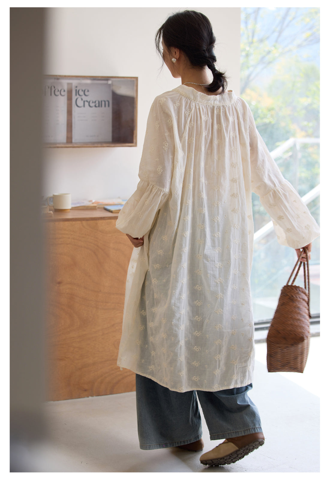 ◇アンティークフレンチ調刺繍ゆったりシルエット ドロップショルダー前開き開き ワンピース◇