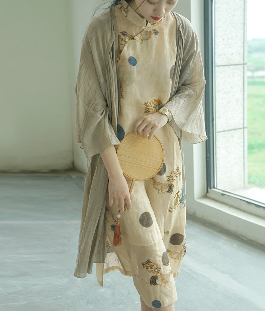 ◇水彩プリントが美しい ノーカラー ラミー ワンピース◇