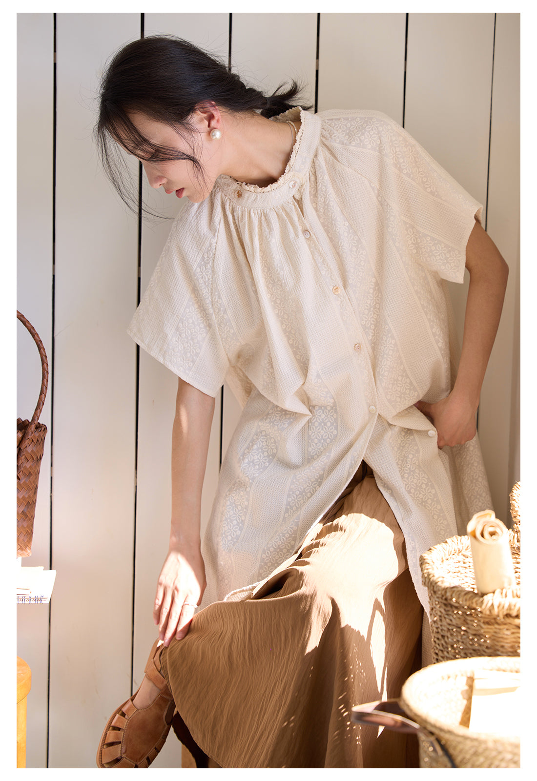 ◇アンティークデザイン◇ゆったりシルエット前開き開き ラグランスリーブ レース使いワンピースドレス◇