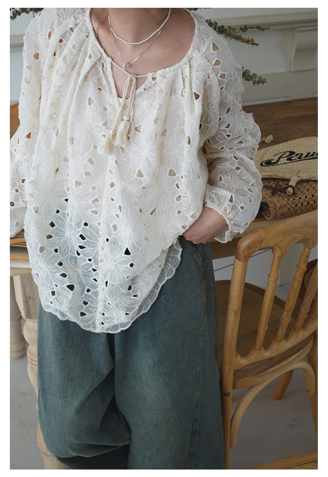 首元のフリンジがアクセントに◇花柄レース ゆったり ブラウス インナーセット◇