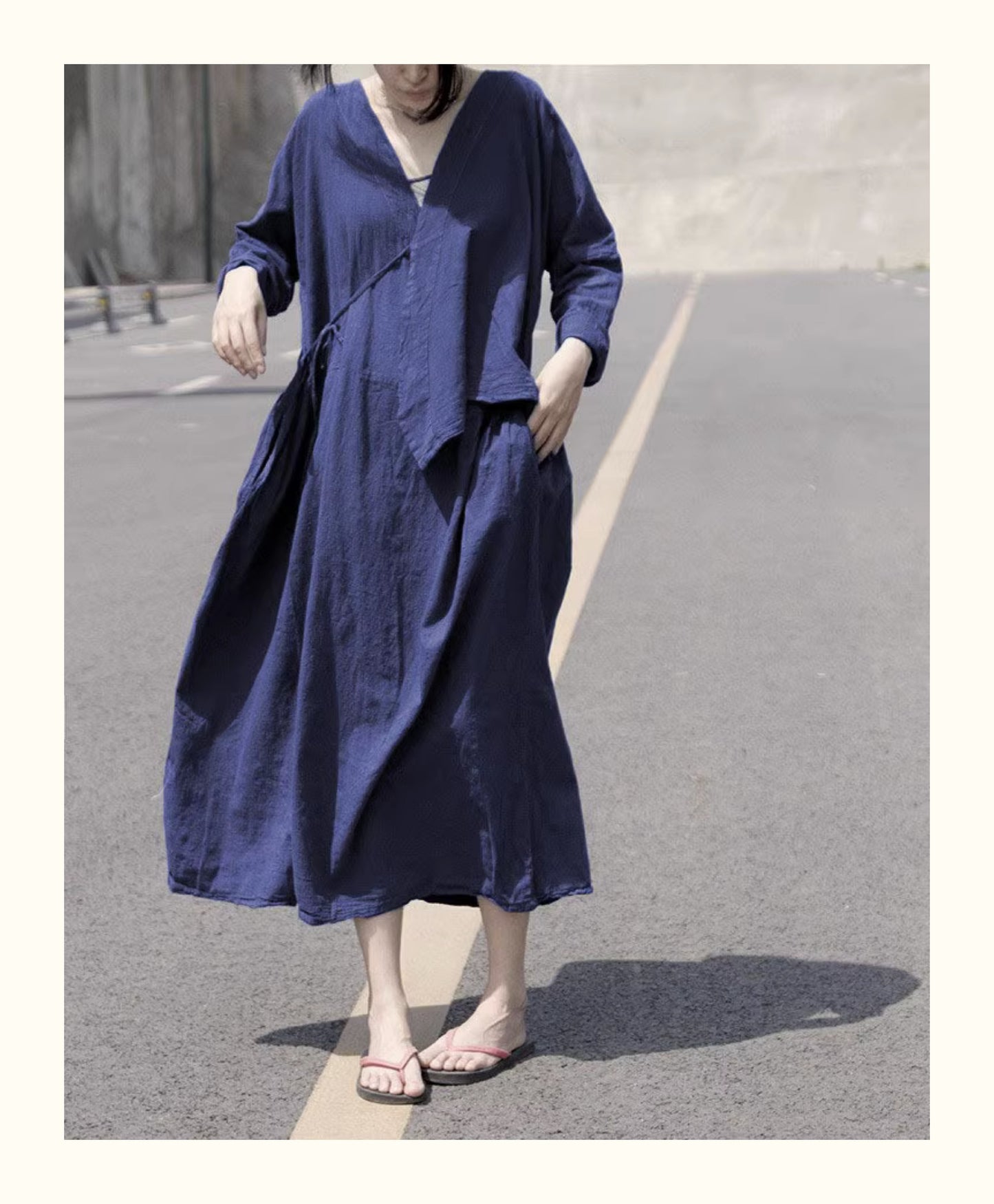 ◇リネンコットンドロップショルダーラップドレス◇