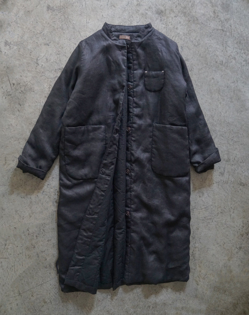3色展開◇秋冬に大活躍◇スタンドカラー リネン中綿 ロングコート◇