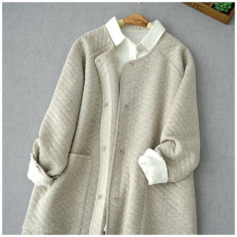 5色展開◇秋冬に大活躍◇ノーカラー ラグラン キルティングコットン中綿 ロングコート◇